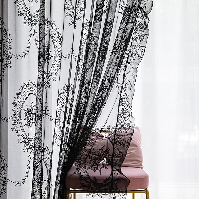 Sutuo Home Black Lace Curtains Set of 2, Sheer Panels 63 Inch Length Rose Floral Embroidery Vintage Ruffled Window Treatment Pair for Bedroom Living Room, Shabby Chic Decor Rod Pocket, W57 x L63