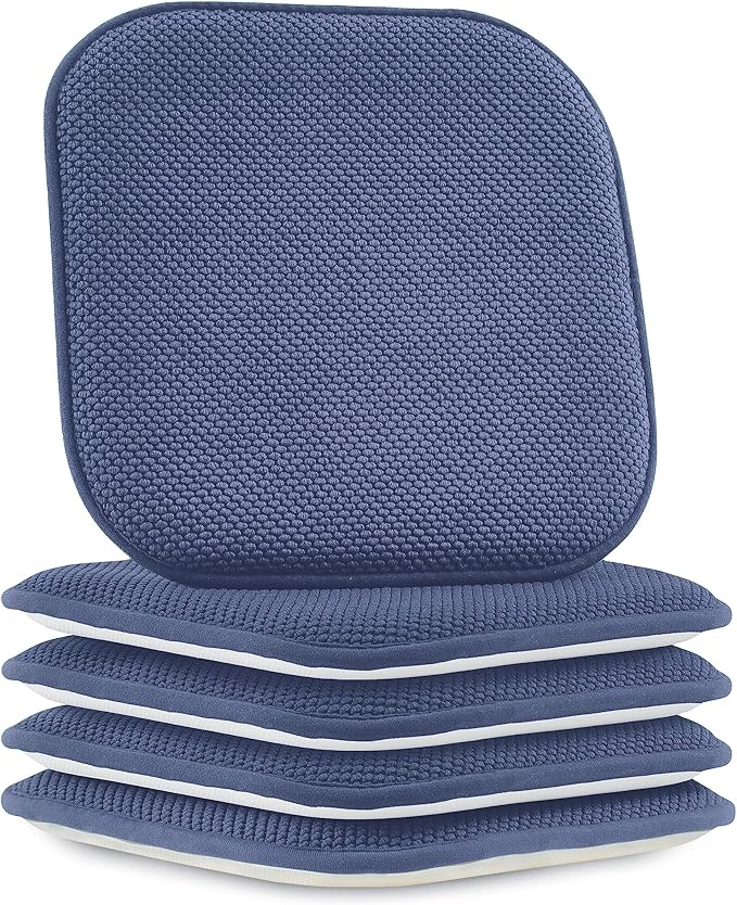 Elegant Comfort Chair Cushion Covers with Ties and Non Skid Rubber Backing-Thick Memory Foam - Soft Cushion Pad- Rounded Square Seat Cover-16 x 16 Inches- Honeycomb Textured Pattern, Set of 4, Navy