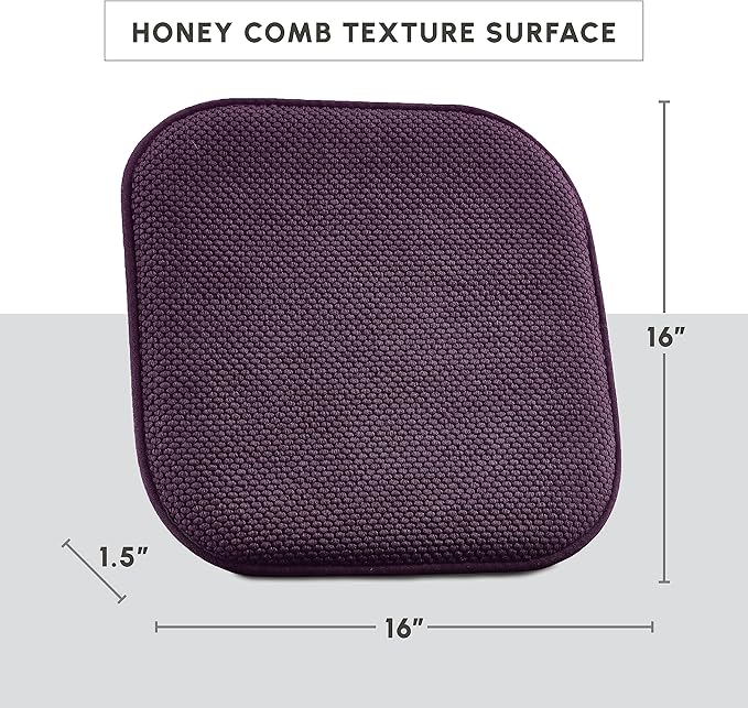 Elegant Comfort Chair Cushion Covers with Ties and Non Skid Rubber Backing-Thick Memory Foam - Soft Cushion Pad- Rounded Square Seat Cover-16 x 16 Inches- Honeycomb Textured Pattern, Set of 2, Purple