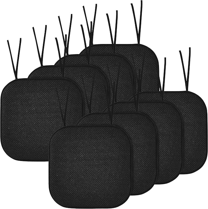 Elegant Comfort Chair Cushion Covers with Ties and Non Skid Rubber Backing-Thick Memory Foam - Soft Cushion Pad- Rounded Square Seat Cover-16 x 16 Inches- Honeycomb Textured Pattern, Set of 8, Black