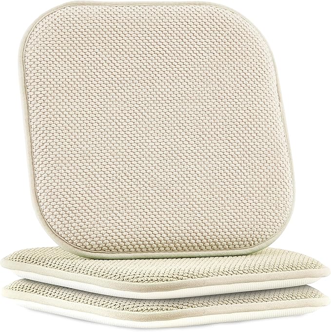 Elegant Comfort Chair Cushion Covers with Ties and Non Skid Rubber Backing-Thick Memory Foam - Soft Cushion Pad- Rounded Square Seat Cover-16 x 16 Inches- Honeycomb Textured Pattern, Set of 2, Linen