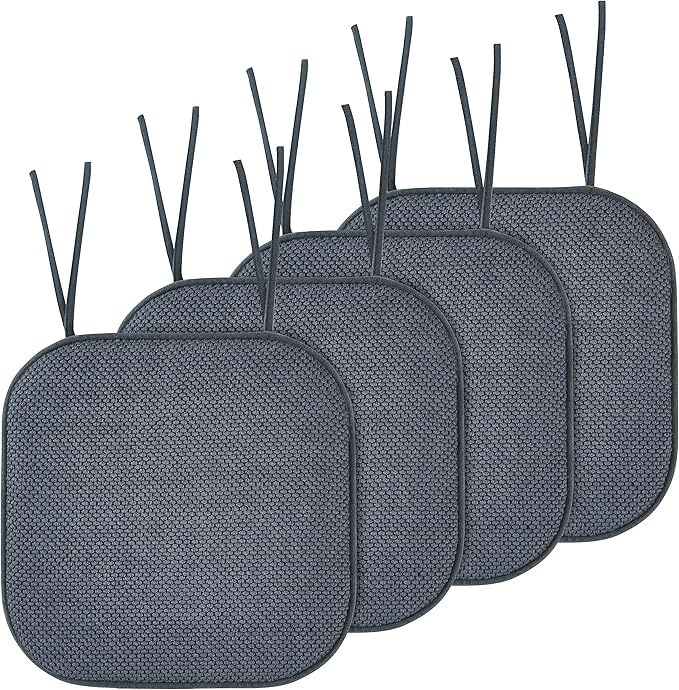 Elegant Comfort Chair Cushion Covers with Ties and Non Skid Rubber Backing-Thick Memory Foam - Soft Cushion Pad- Rounded Square Seat Cover-16 x 16 Inches- Honeycomb Textured Pattern, Set of 4, Gray