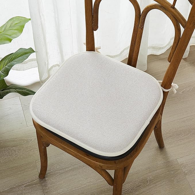 Elegant Comfort Chair Cushion Covers with Ties and Non Skid Rubber Backing-Thick Memory Foam - Soft Cushion Pad- Rounded Square Seat Cover- 16 x 16 Inches - Set of 8 Thatch Textured Pattern, Cream