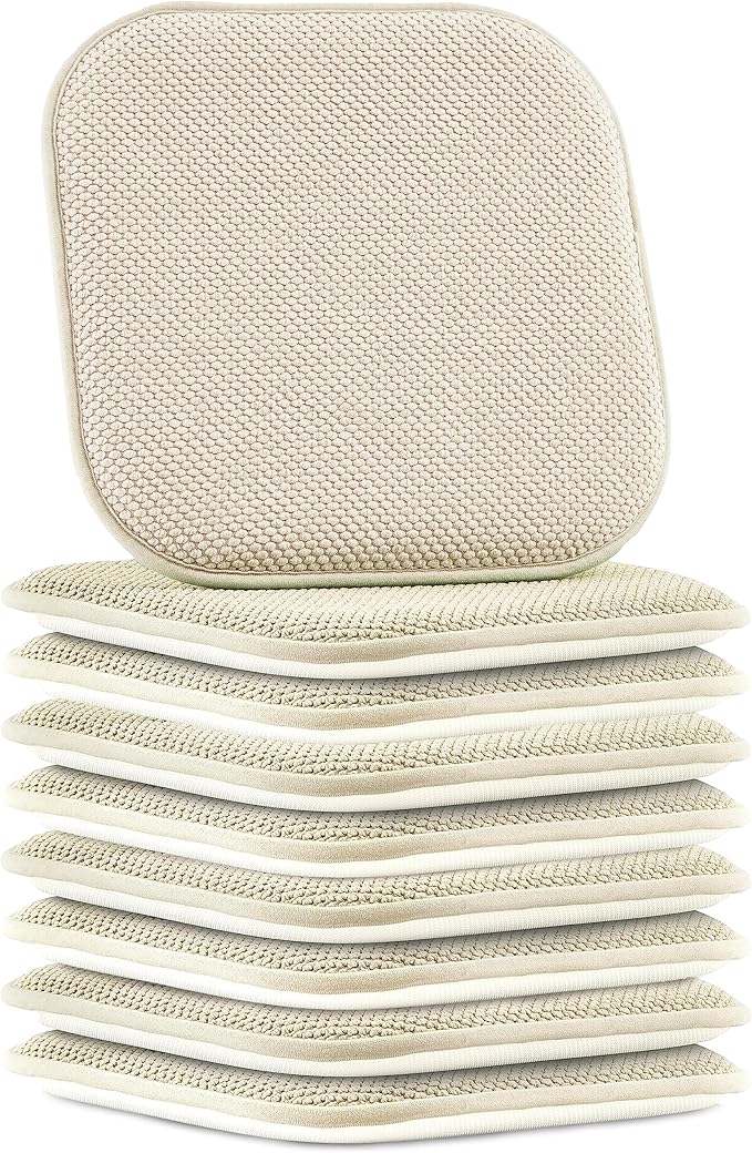 Elegant Comfort Chair Cushion Covers with Ties and Non Skid Rubber Backing-Thick Memory Foam - Soft Cushion Pad- Rounded Square Seat Cover-16 x 16 Inches- Honeycomb Textured Pattern, Set of 8, Linen