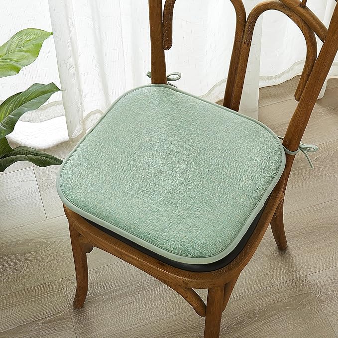 Elegant Comfort Chair Cushion Covers with Ties and Non Skid Rubber Backing-Thick Memory Foam - Soft Cushion Pad- Rounded Square Seat Cover- 16 x 16 Inches - Set of 4 Thatch Textured Pattern, Sage