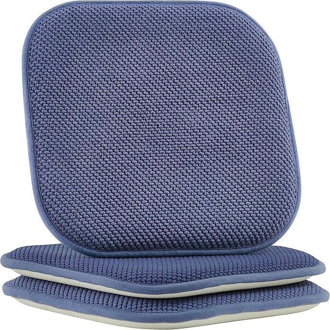 Elegant Comfort Chair Cushion Covers with Ties and Non Skid Rubber Backing-Thick Memory Foam - Soft Cushion Pad- Rounded Square Seat Cover-16 x 16 Inches- Honeycomb Textured Pattern, Set of 2, Navy