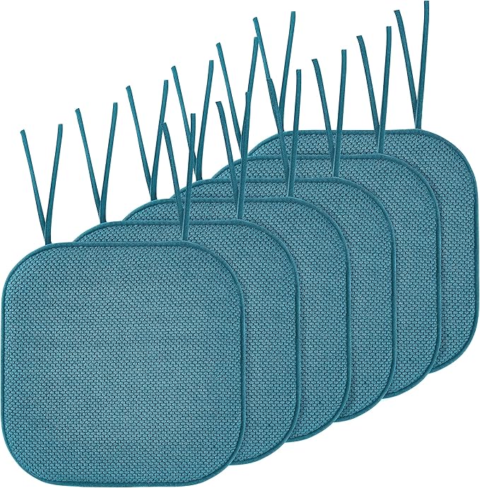 Elegant Comfort Chair Cushion Covers with Ties and Non Skid Rubber Backing-Thick Memory Foam - Soft Cushion Pad- Rounded Square Seat Cover-16 x 16 Inches- Honeycomb Textured Pattern, Set of 6, Peacock