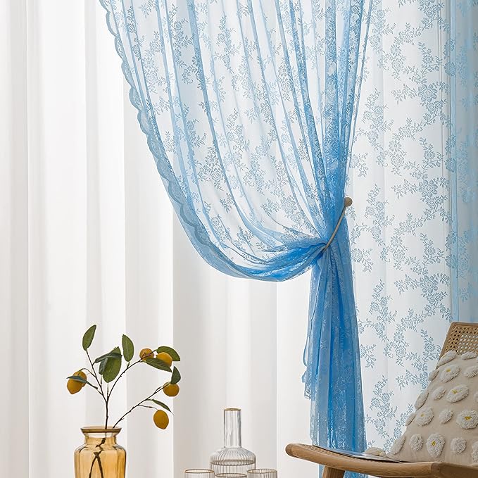 Sutuo Home Lace Curtains Set of 2 Blue Sheer 96 Inch Long Window Curtain Panels Floral Embroidery Vintage Voile Window Panel Treatment for Bedroom Living Room Kitchen Decor Rod Pocket W57 x L96