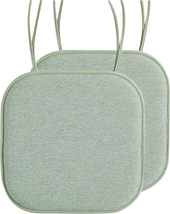 Elegant Comfort Chair Cushion Covers with Ties and Non Skid Rubber Backing-Thick Memory Foam - Soft Cushion Pad- Rounded Square Seat Cover- 16 x 16 Inches - Set of 2 Thatch Textured Pattern, Sage