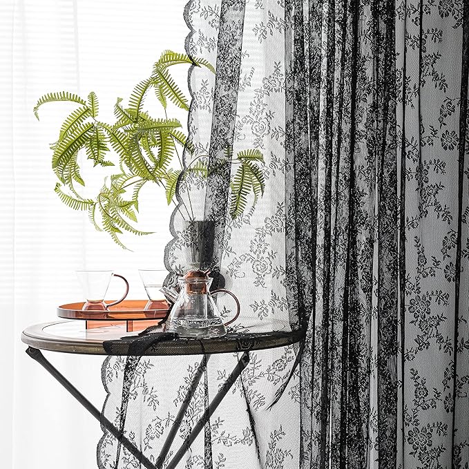 Sutuo Home Black Lace Curtains 96 Inches Long 2 Panels Set, Sheer Panels Gothic Retro Florals Vintage Voile Window Treatment for Bedroom/Living Room/Halloween Decor Rod Pocket W57 x L96