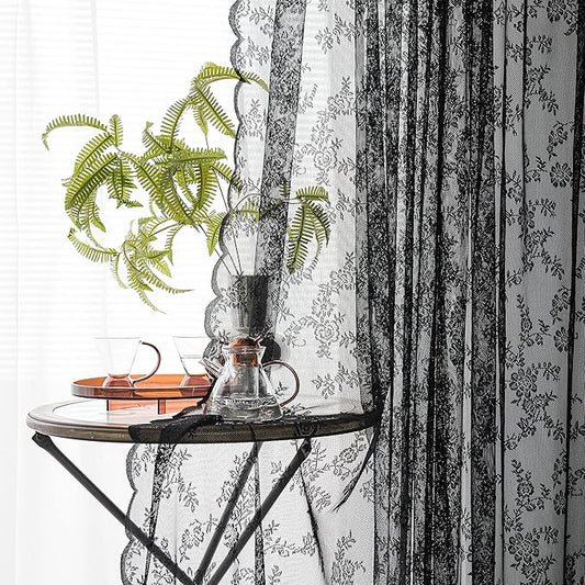 Sutuo Home Black Lace Curtains 63 Inches Length 2 Panels Set, Sheer Shabby Chic Gothic Retro Florals Vintage Voile Window Treatment Pair for Bedroom/Living Room/Halloween Decor Rod Pocket W57 x L63
