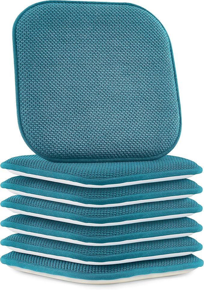 Elegant Comfort Chair Cushion Covers with Ties and Non Skid Rubber Backing-Thick Memory Foam - Soft Cushion Pad- Rounded Square Seat Cover-16 x 16 Inches- Honeycomb Textured Pattern, Set of 6, Peacock
