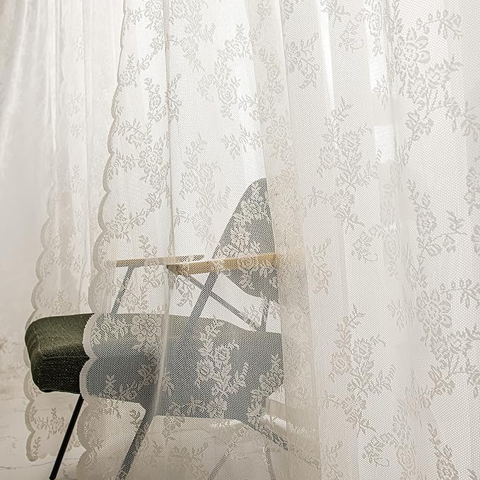 Sutuo Home Ivory Lace Curtains Set of 2, Sheer Panels 63 Inch Length Floral Embroidery Vintage Voile Window Treatment Pair for Bedroom Living Room Kitchen, Shabby Chic Decor Rod Pocket, W57 x L63