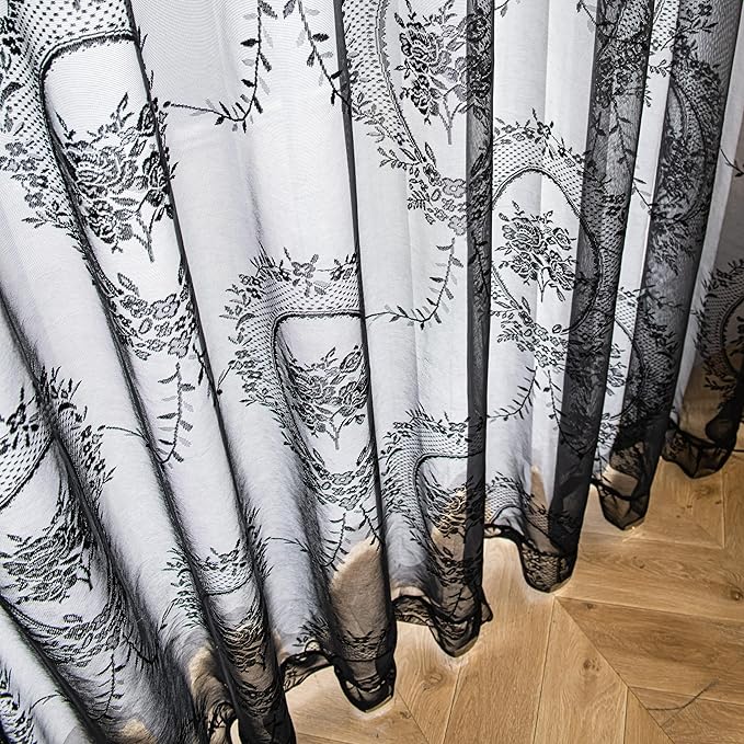Sutuo Home Black Lace Curtains Set of 2, Sheer Panels 63 Inch Length Rose Floral Embroidery Vintage Ruffled Window Treatment Pair for Bedroom Living Room, Shabby Chic Decor Rod Pocket, W57 x L63
