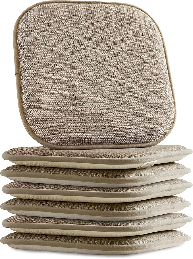 Elegant Comfort Chair Cushion Covers with Ties and Non Skid Rubber Backing-Thick Memory Foam - Soft Cushion Pad- Rounded Square Seat Cover- 16 x 16 Inches - Set of 6 Mosaic Textured Pattern, Taupe