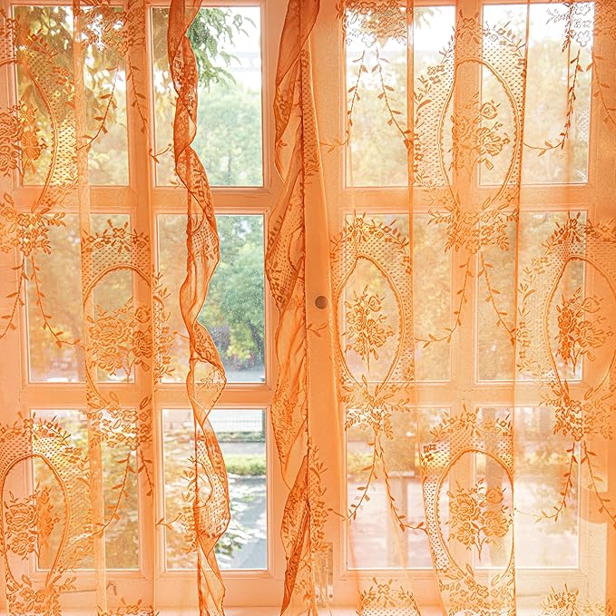 Sutuo Home Lace Curtains 2 Panels for Bedroom Living Room 72 Inches Long, Boho Sheer Panels Floral Embroidery Ruffled Vintage Window Treatment Pair Fall Halloween Decor, Rod Pocket, W57 x L72,Orange