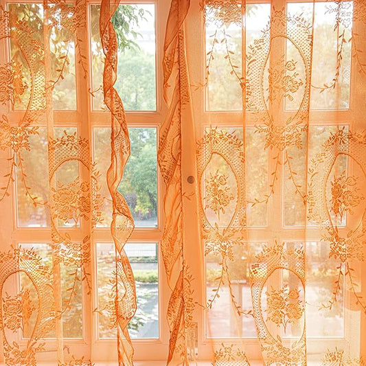 Sutuo Home Lace Curtains 2 Panels for Bedroom Living Room 72 Inches Long, Boho Sheer Panels Floral Embroidery Ruffled Vintage Window Treatment Pair Fall Halloween Decor, Rod Pocket, W57 x L72,Orange