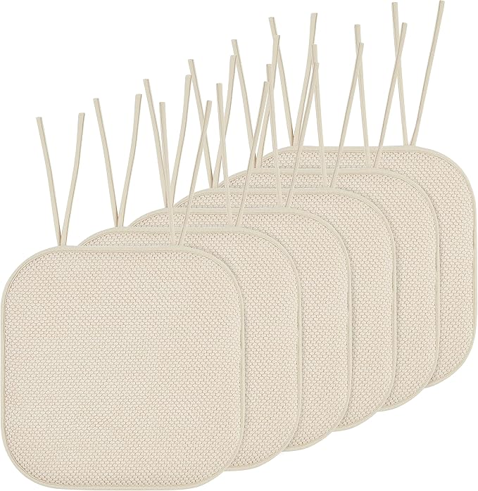 Elegant Comfort Chair Cushion Covers with Ties and Non Skid Rubber Backing-Thick Memory Foam - Soft Cushion Pad- Rounded Square Seat Cover-16 x 16 Inches- Honeycomb Textured Pattern, Set of 6, Linen