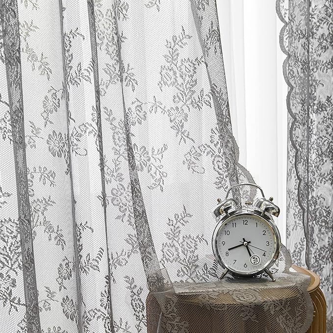 Sutuo Home Gray Lace Curtains 96 Inch Long 2 Panels Set, Sheer Chic Floral Vintage Voile Window Panel Treatment for Bedroom/Living Room/Kitchen, Decor Rod Pocket W57 x L96