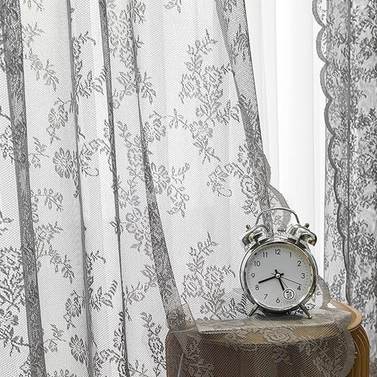 Sutuo Home Gray Lace Curtains 96 Inch Long 2 Panels Set, Sheer Chic Floral Vintage Voile Window Panel Treatment for Bedroom/Living Room/Kitchen, Decor Rod Pocket W57 x L96