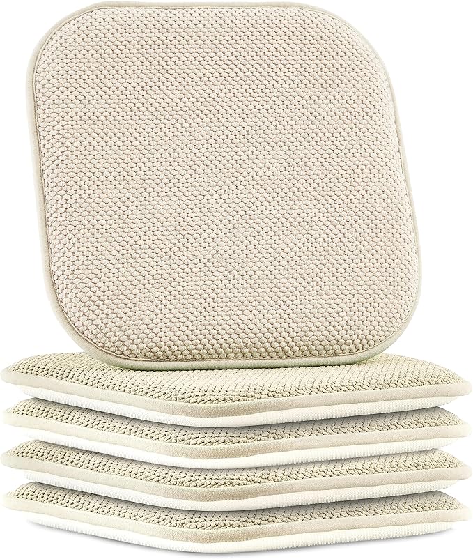 Elegant Comfort 4 Pack Chair Cushion Covers - Skid-Proof Rubber Backing - 16 x 16 Inch - Thick Dining Square Shape Seat Covers - Comfortable Textured Chair Pads with Ties - Honeycomb Pattern, Linen