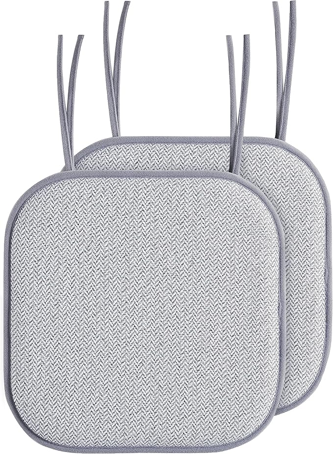 Elegant Comfort Chair Cushion Covers with Ties and Non Skid Rubber Backing-Thick Memory Foam - Soft Cushion Pad- Rounded Square Seat Cover- 16 x 16 Inches - Set of 2 Chevron Textured Pattern, Gray