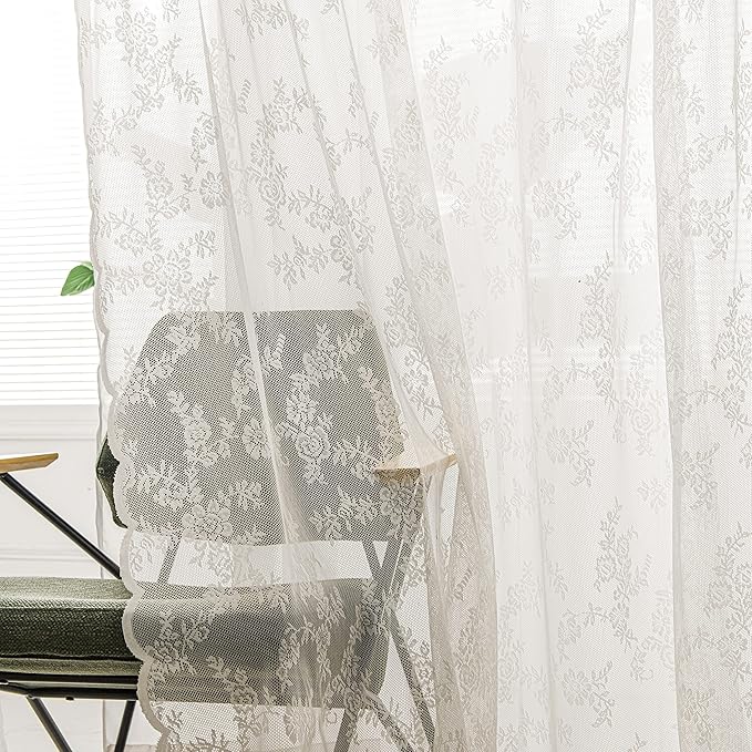 Sutuo Home Ivory Lace Curtains 84 Inches Long 2 Set, Sheer Panels Floral Embroidery Vintage Voile Window Treatment Pair for Bedroom Living Room Kitchen, Retro Christmas Decor Rod Pocket, W57 x L84