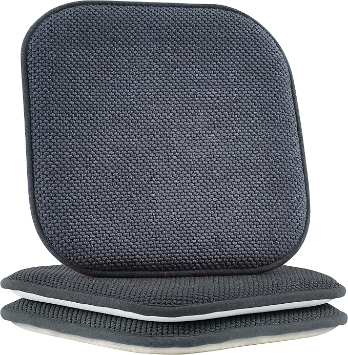 Elegant Comfort Chair Cushion Covers with Ties and Non Skid Rubber Backing-Thick Memory Foam - Soft Cushion Pad- Rounded Square Seat Cover-16 x 16 Inches- Honeycomb Textured Pattern, Set of 2, Gray