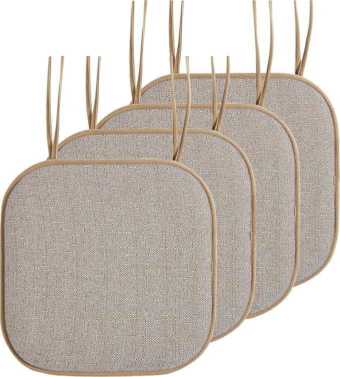 Elegant Comfort Chair Cushion Covers with Ties and Non Skid Rubber Backing-Thick Memory Foam - Soft Cushion Pad- Rounded Square Seat Cover- 16 x 16 Inches - Set of 4 Mosaic Textured Pattern, Taupe