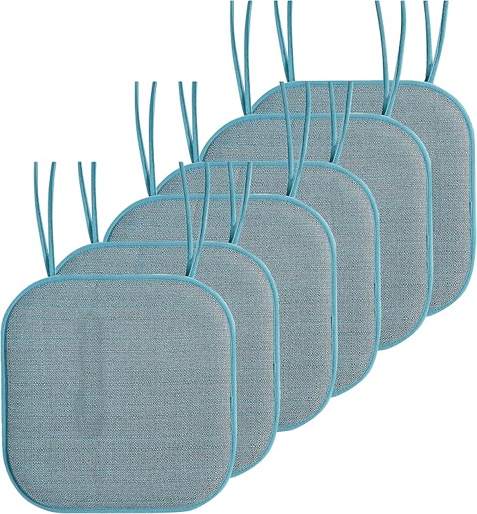 Elegant Comfort Chair Cushion Covers with Ties and Non Skid Rubber Backing-Thick Memory Foam - Soft Cushion Pad- Rounded Square Seat Cover- 16 x 16 Inches - Set of 6 Mosaic Textured Pattern, Aqua