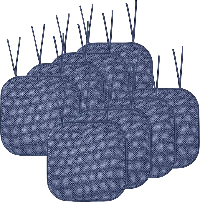 Elegant Comfort Chair Cushion Covers with Ties and Non Skid Rubber Backing-Thick Memory Foam - Soft Cushion Pad- Rounded Square Seat Cover-16 x 16 Inches- Honeycomb Textured Pattern, Set of 8, Navy