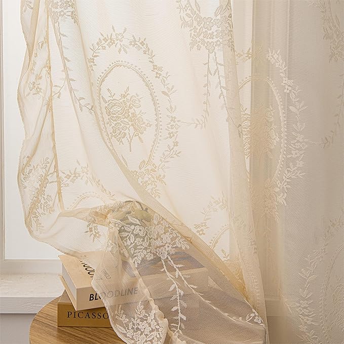 Sutuo Home Beige Lace Curtains 2 Panels for Bedroom Living Room 108 Inches Long, Vintage Embroidered Floral Rose Sheer Curtains, Privacy Shabby Chic Windows Treatment Pair, Rod Pocket, W57 x L108
