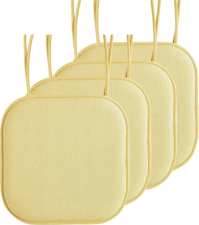 Elegant Comfort Chair Cushion Covers with Ties and Non Skid Rubber Backing-Thick Memory Foam - Soft Cushion Pad- Rounded Square Seat Cover- 16 x 16 Inches - Set of 4 Chevron Textured Pattern, Yellow