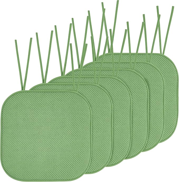 Elegant Comfort Chair Cushion Covers with Ties and Non Skid Rubber Backing-Thick Memory Foam - Soft Cushion Pad- Rounded Square Seat Cover-16 x 16 Inches- Honeycomb Textured Pattern, Set of 6, Green