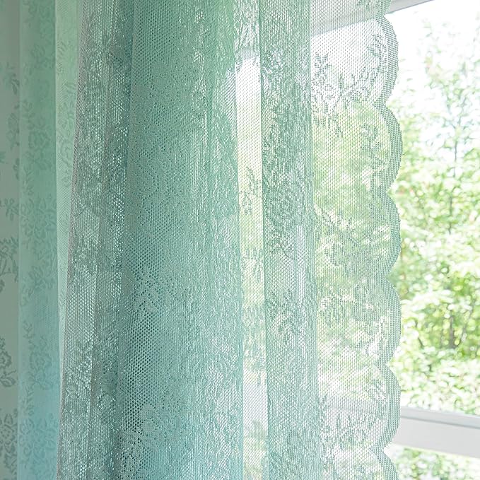 Sutuo Home Teal Blue Lace Curtains Set of 2, Sheer Panels 63 Inch Length Florals Embroidery Vintage Victorian Window Treatment Pair for Bedroom Living Room, Shabby Chic Decor Rod Pocket, W57 x L63
