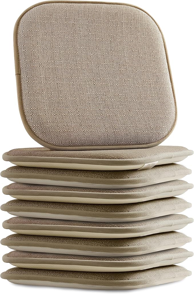 Elegant Comfort Chair Cushion Covers with Ties and Non Skid Rubber Backing-Thick Memory Foam - Soft Cushion Pad- Rounded Square Seat Cover- 16 x 16 Inches - Set of 8 Mosaic Textured Pattern, Taupe