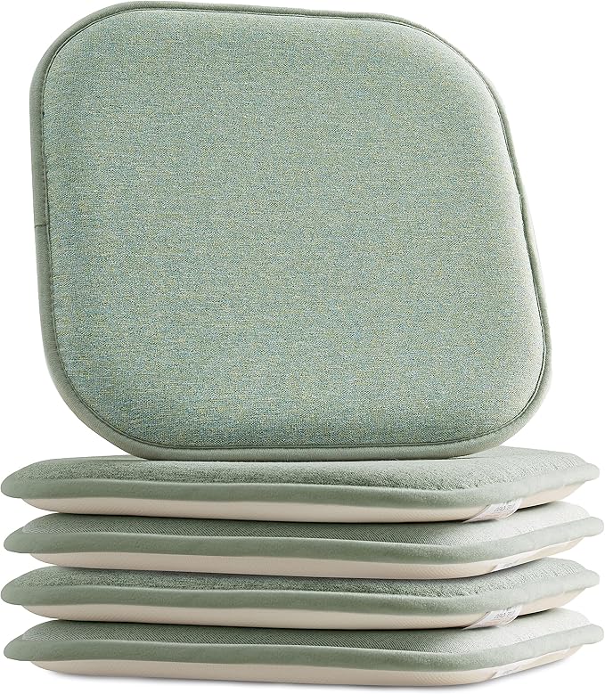 Elegant Comfort Chair Cushion Covers with Ties and Non Skid Rubber Backing-Thick Memory Foam - Soft Cushion Pad- Rounded Square Seat Cover- 16 x 16 Inches - Set of 4 Thatch Textured Pattern, Sage