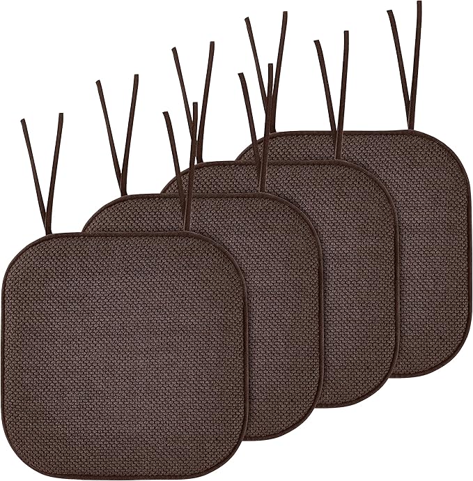 Elegant Comfort Chair Cushion Covers with Ties and Non Skid Rubber Backing-Thick Memory Foam - Soft Cushion Pad- Rounded Square Seat Cover-16 x 16 Inches- Honeycomb Textured Pattern, Set of 4, Brown