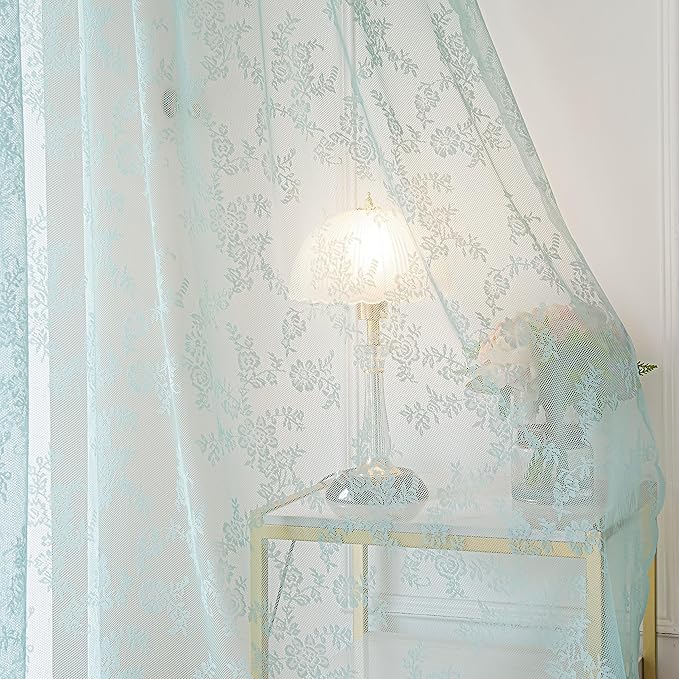 Sutuo Home Teal Blue Lace Curtains 84 Inches Long 2 Set, Sheer Panels Rose Floral Embroidery Vintage Window Treatment Pair for Bedroom Living Room, Retro Christmas Decor Rod Pocket, W57 x L84