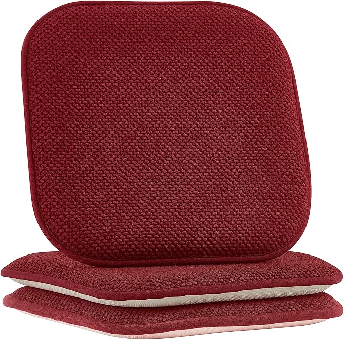 Elegant Comfort Chair Cushion Covers with Ties and Non Skid Rubber Backing-Thick Memory Foam - Soft Cushion Pad- Rounded Square Seat Cover-16 x 16 Inches-Honeycomb Textured Pattern, Set of 2, Burgundy