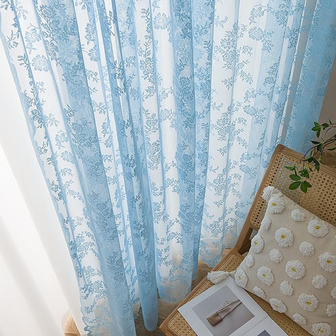 Sutuo Home Blue Lace Curtains 84 Inches Long, Set of 2 Sheer Window Curtain Panels Floral Embroidery Vintage Voile Window Panel Treatment Pair for Bedroom Living Room Kitchen Rod Pocket W57 x L84