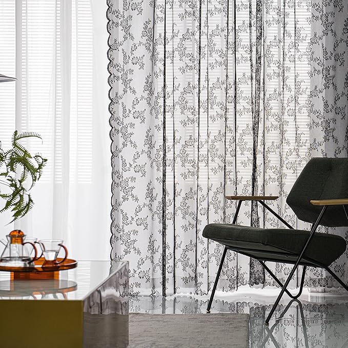 Sutuo Home Black Lace Curtains 84 Inches Long 2 Panels Set, Sheer Panels Gothic Retro Florals Vintage Voile Window Treatment for Bedroom/Living Room/Halloween Decor Rod Pocket W57 x L84