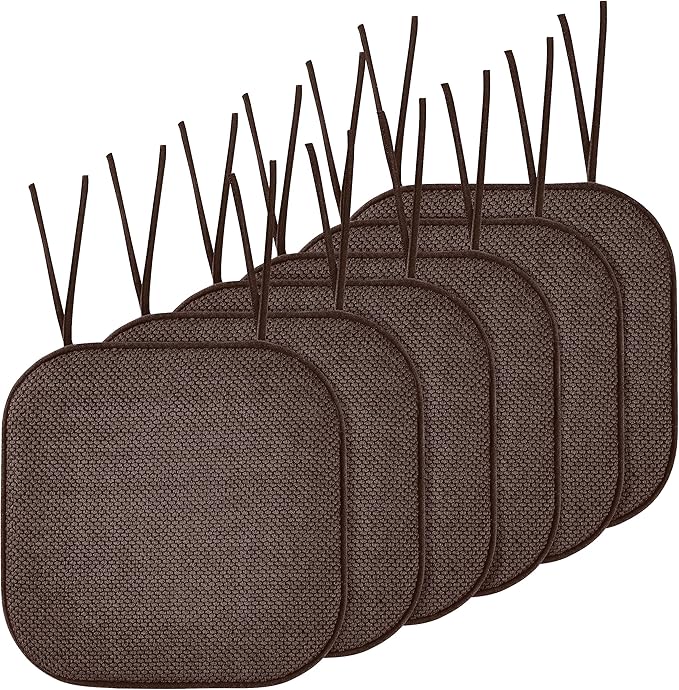 Elegant Comfort Chair Cushion Covers with Ties and Non Skid Rubber Backing-Thick Memory Foam - Soft Cushion Pad- Rounded Square Seat Cover-16 x 16 Inches- Honeycomb Textured Pattern, Set of 6, Brown