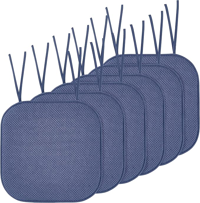 Elegant Comfort Chair Cushion Covers with Ties and Non Skid Rubber Backing-Thick Memory Foam - Soft Cushion Pad- Rounded Square Seat Cover-16 x 16 Inches- Honeycomb Textured Pattern, Set of 6, Navy