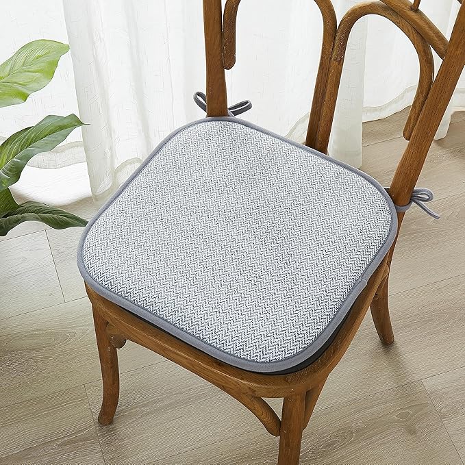 Elegant Comfort Chair Cushion Covers with Ties and Non Skid Rubber Backing-Thick Memory Foam - Soft Cushion Pad- Rounded Square Seat Cover- 16 x 16 Inches - Set of 4 Chevron Textured Pattern, Gray