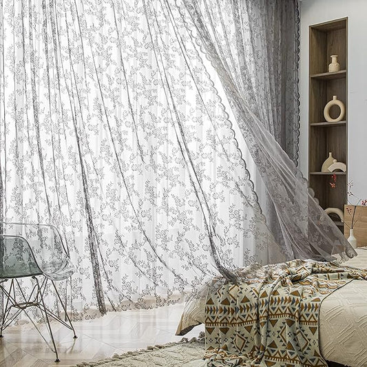 Sutuo Home Lace Curtains 63 Inches Length 2 Panels Set, Gray Sheer Window Floral Vintage Voile Window Panel Treatment for Bedroom/Living Room/Kitchen, Decor Rod Pocket W57 x L63
