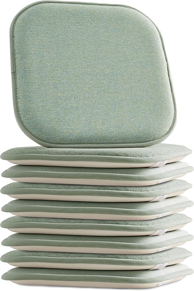 Elegant Comfort Chair Cushion Covers with Ties and Non Skid Rubber Backing-Thick Memory Foam - Soft Cushion Pad- Rounded Square Seat Cover- 16 x 16 Inches - Set of 8 Thatch Textured Pattern, Sage