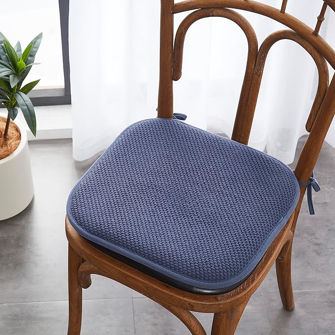 Elegant Comfort Chair Cushion Covers with Ties and Non Skid Rubber Backing-Thick Memory Foam - Soft Cushion Pad- Rounded Square Seat Cover-16 x 16 Inches- Honeycomb Textured Pattern, Set of 2, Navy