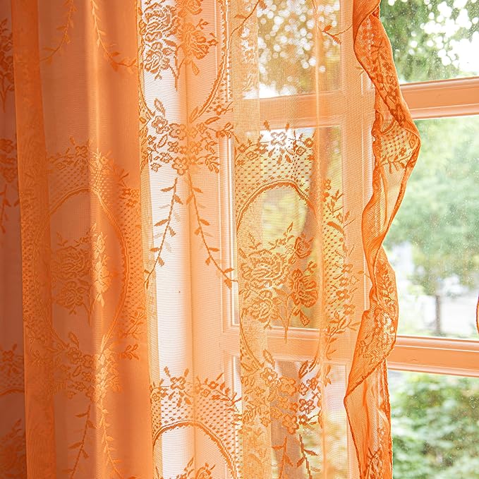 Sutuo Home Lace Curtains 108 Inches Long 2 Panels, Boho Sheer Embroidery Ruffled Vintage Bohemian Chic Window Treatment Pair for Bedroom Living Room Halloween Decor, Rod Pocket, W57 x L108,Orange