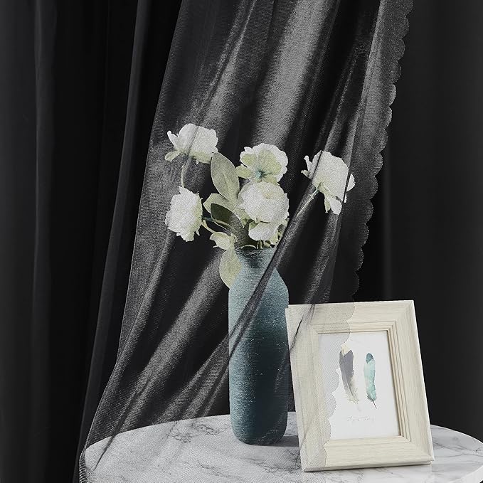 Bujasso Black Full Blackout Curtain Panels with Sheer Overlay Mix and Match Double Layer Thermal Insulated Window Treatment Set for Living Room Black Drapes with Tiebacks Grommet Top 37" Wx95 Lx2